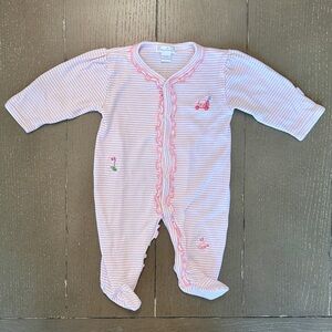 Kissy Kissy Girls Pink Striped Ruffle Golf Cart Print Footed Onesie • Size 0-3M